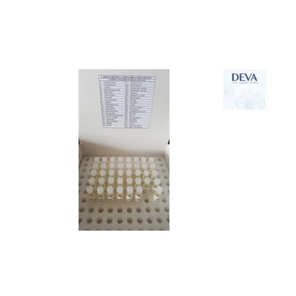 Deva 2 ml - coffret kinésio Bio 38 fleurs de Bach et 1 Rescue Deva 1 - mesfleursdebach.com Deva 2 ml - coffret kinésio Bio 38 fleurs de Bach et 1 Rescue Deva 1 - mesfleursdebach.com