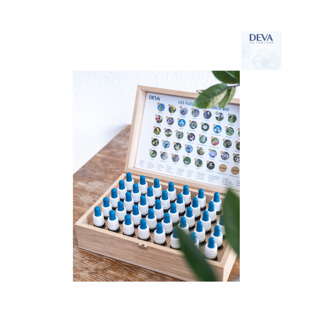 Deva 15 ml - Coffret plein en bois - 38 fleurs de Bach et 2 rescue Deva 1 - mesfleursdebach.com 