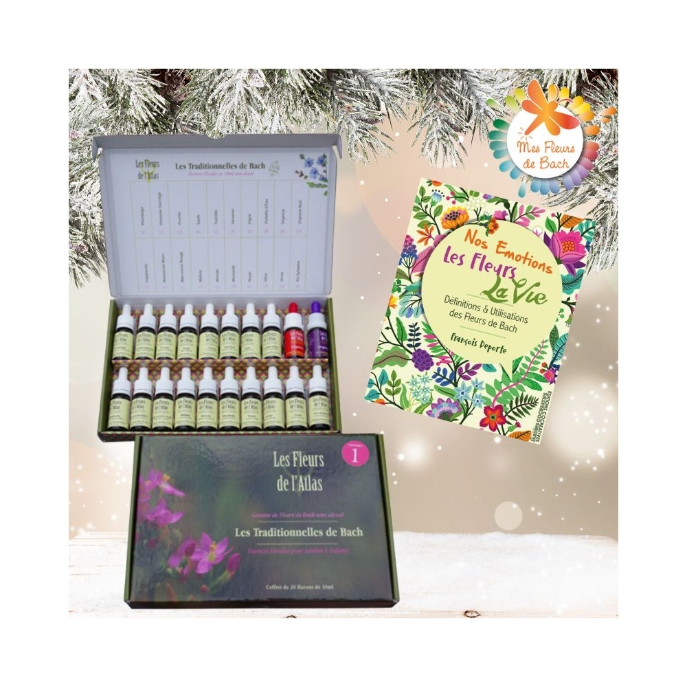 Pack Noël Coffret 38 Fleurs de Bach sans alcool 10ml + 2 urgences Rescue. Offert: 1 livre Les Fleurs de l'Atlas 1 - mesfleursdeb