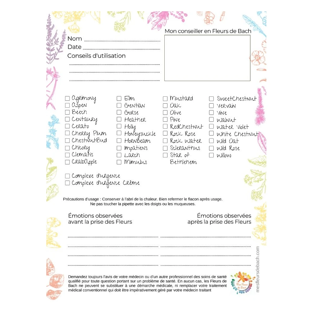 Bloc conseil avec la liste des fleurs de Bach à cocher Mes Fleurs de BACH 1 - mesfleursdebach.com Bloc conseil avec la liste des fleurs de Bach à cocher Mes Fleurs de BACH 1 - mesfleursdebach.com