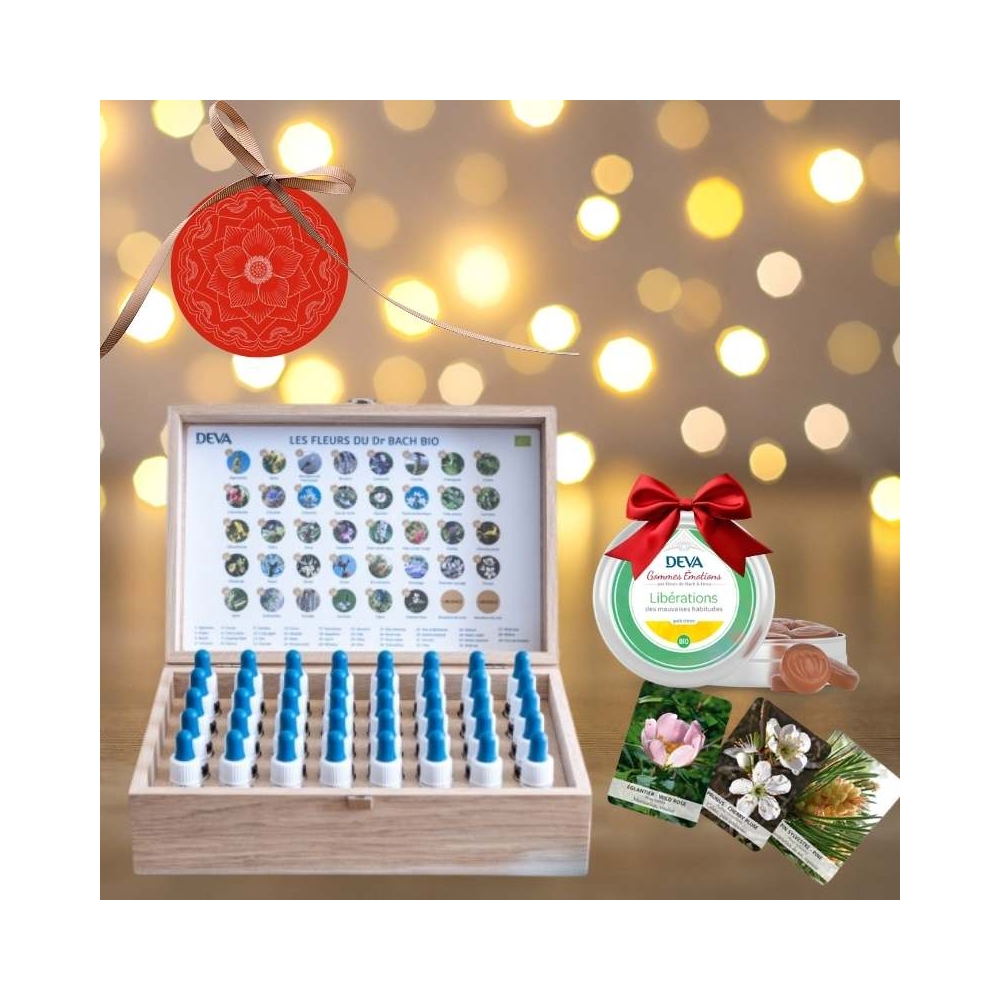 Pack Noël Coffret plein en bois Deva 15 ml- 38 fleurs de Bach et 2 rescue Deva 1 - mesfleursdebach.com 