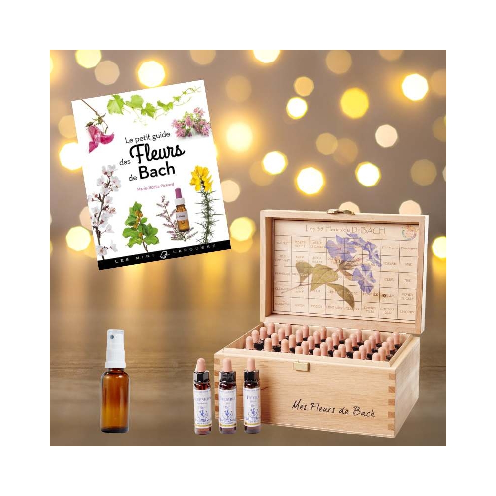 Coffret de Noël Healing Herbs Bio 10 ml - Coffret en bois plein 38 fleurs de Bach et 2 urgence +1 livre+1 vapospray Healing Herb