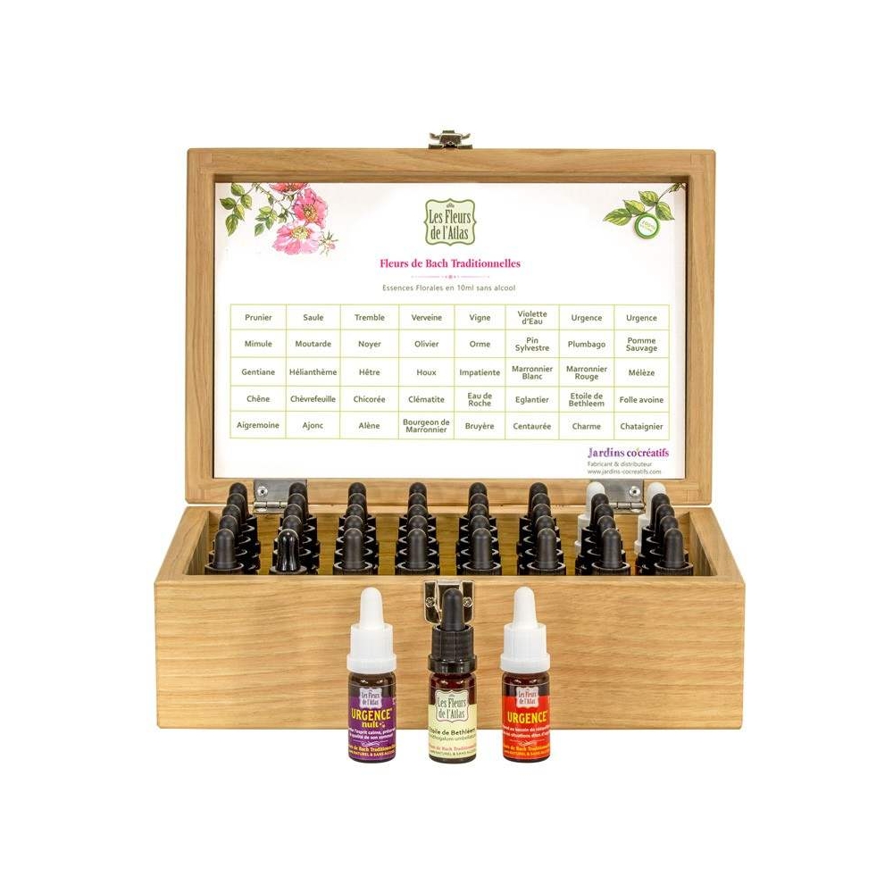 Coffret plein en bois - 38 fleurs de Bach et 2 rescue sans alcool Les Fleurs de l'Atlas 1 - mesfleursdebach.com 