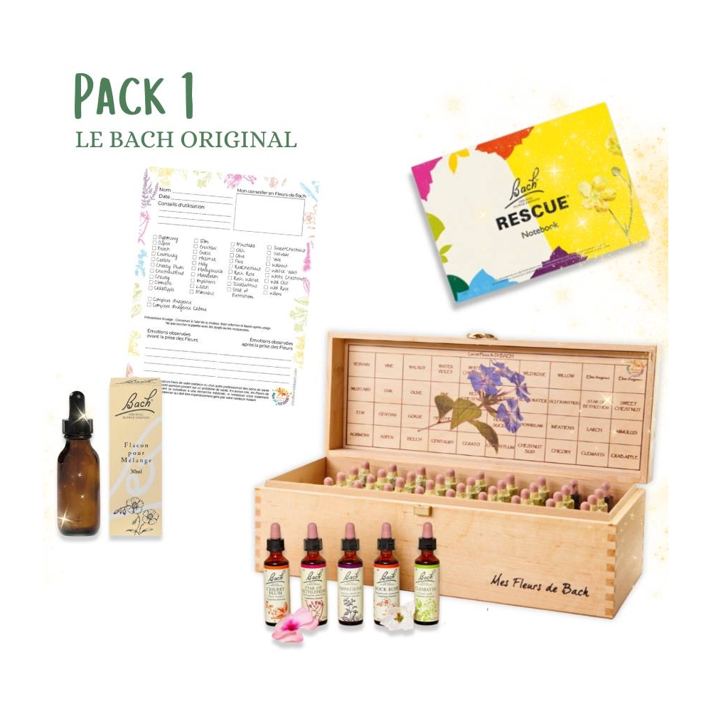 1 - Coffret de Noël 38 fleurs de Bach Original 20 ml. Offerts: 1 livre, 1 bloc conseil, 1 flacon 30 ml Bach Original Nelsons 1 -