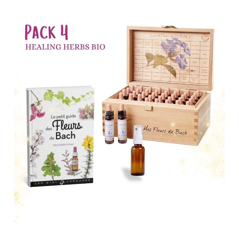4 - Coffret de Noël Healing Herbs Bio 10 ml - Coffret en bois plein 38 fleurs de Bach et 2 urgence +1 livre+1 vapospray Healing 