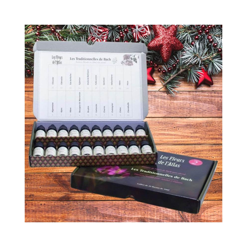 Fleurs de Bach SANS ALCOOL 10 ml - Coffret plein 38 fleurs de l'Atlas + 2 solutions d'urgence Rescue (1 jour et 1 nuit) Mes Fleu