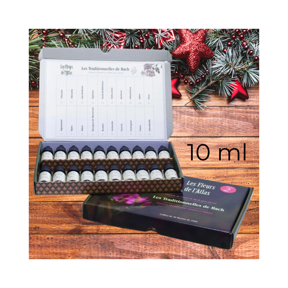 Fleurs de Bach SANS ALCOOL 10 ml - Coffret plein 38 fleurs de l'Atlas + 2 solutions d'urgence Rescue (1 jour et 1 nuit) Mes Fleu