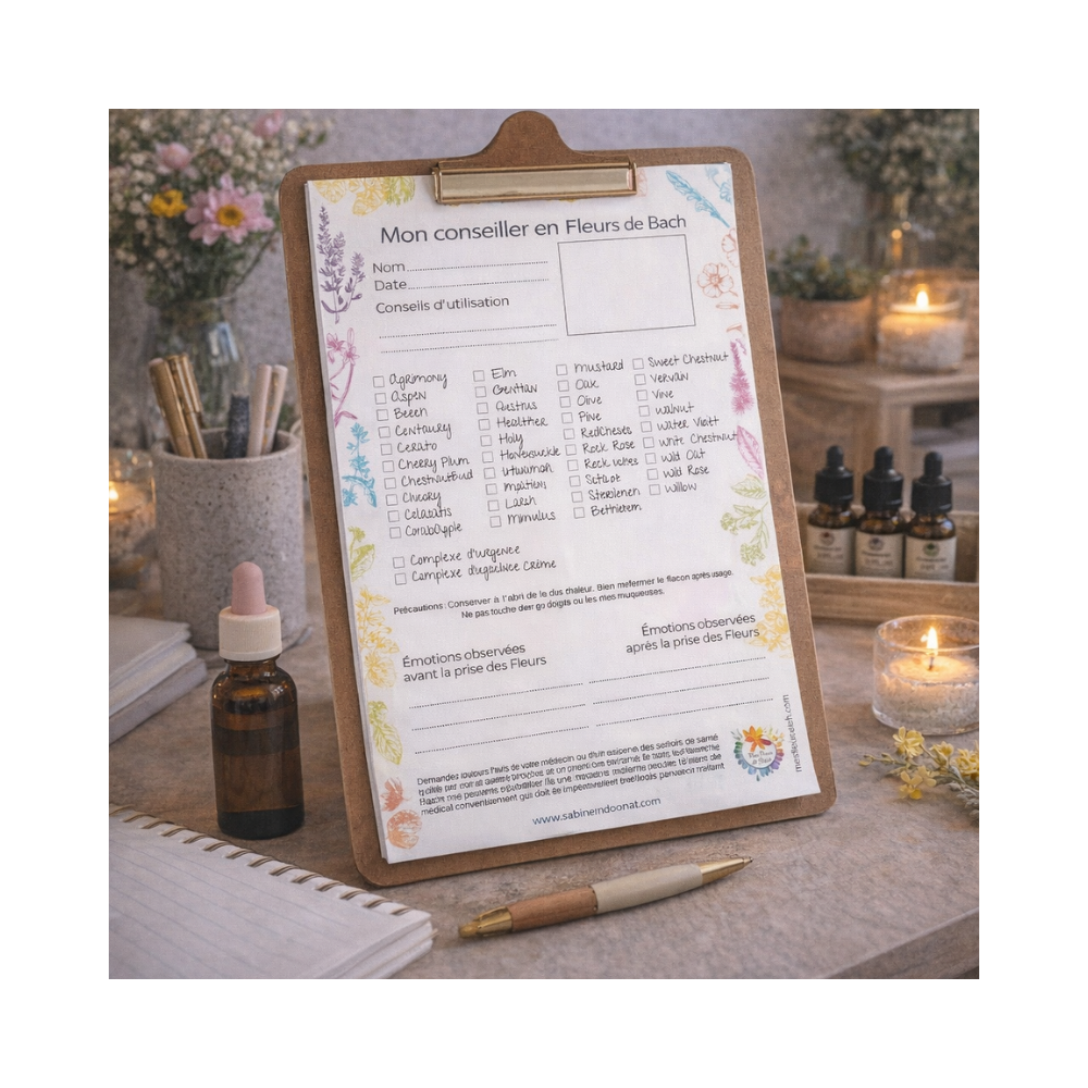 Bloc conseil avec la liste des fleurs de Bach à cocher Mes Fleurs de BACH 1 - mesfleursdebach.com 
