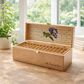 Fleurs de Bach SANS ALCOOL 10 ml - Coffret en bois plein Cerato 38 élixirs Les Fleurs de l'Atlas + 2 solutions d'urgence Rescue 