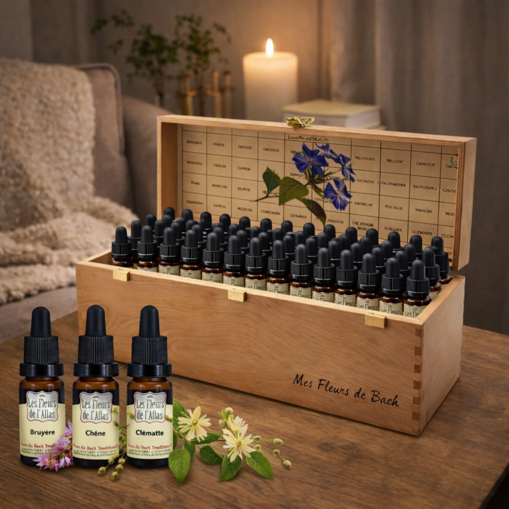 Fleurs de Bach SANS ALCOOL 10 ml - Coffret en bois plein Cerato 38 élixirs Les Fleurs de l'Atlas + 2 solutions d'urgence Rescue 