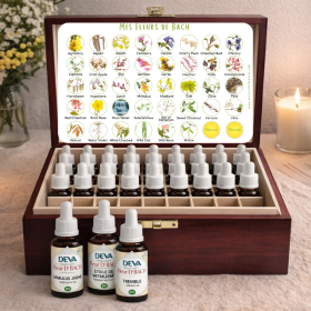 Deva 30 ml - Coffret acajou plein - 38 fleurs de Bach et 2 urgences Deva 1 - mesfleursdebach.com 