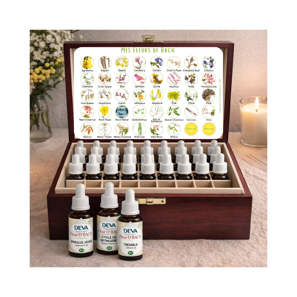 Deva 30 ml - Coffret acajou plein - 38 fleurs de Bach et 2 urgences Deva 1 - mesfleursdebach.com 