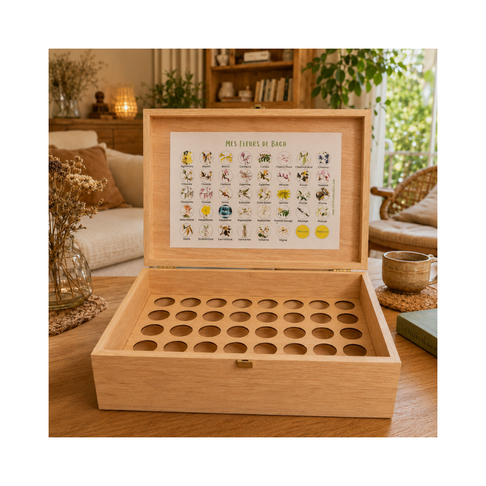 Coffret bois vide en chêne de Bourgogne pour 40 flacons 30ml Deva BIO, Healing Herbs BIO et Fleurs de Bach sans alcool Mes Fleur