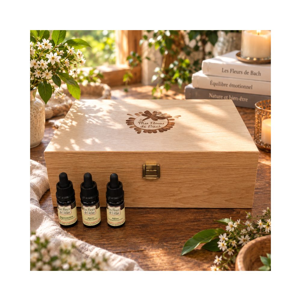 Fleurs de Bach sans alcool - Coffret en bois de chêne plein - 38 fleurs + 2 Rescue Fleurs de l'Atlas - Sans alcool 1 - mesfleurs