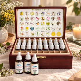 Deva 30 ml - Coffret acajou plein - 38 fleurs de Bach et 2 urgences Deva 1 - mesfleursdebach.com 