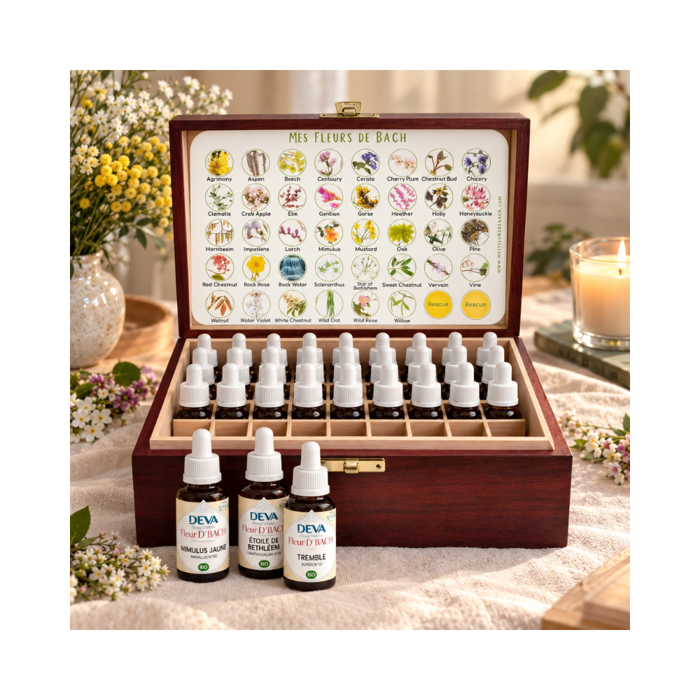 Deva 30 ml - Coffret acajou plein - 38 fleurs de Bach et 2 urgences Deva 1 - mesfleursdebach.com 